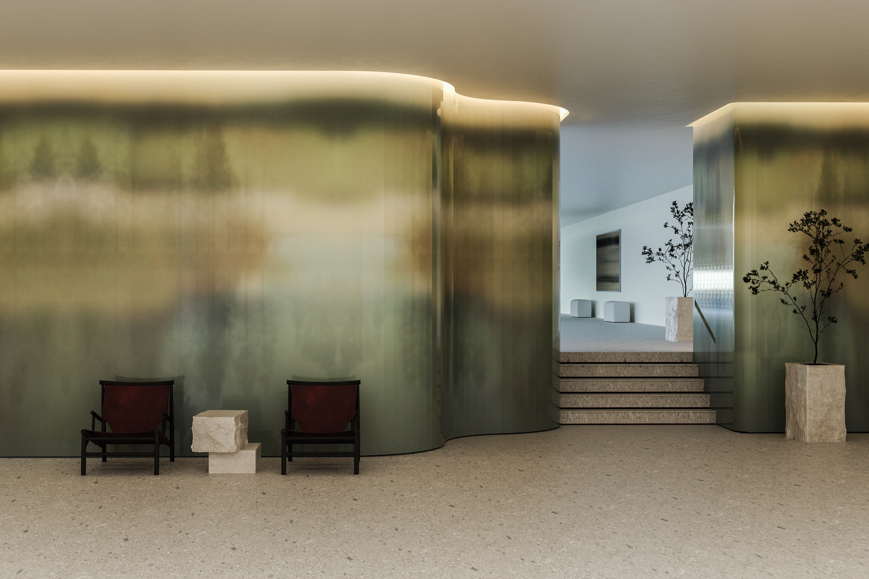 Interior design concept by Saltco for Long Lane Wellness Members Club, featuring a sculptural reception area with soft curved walls and natural textures