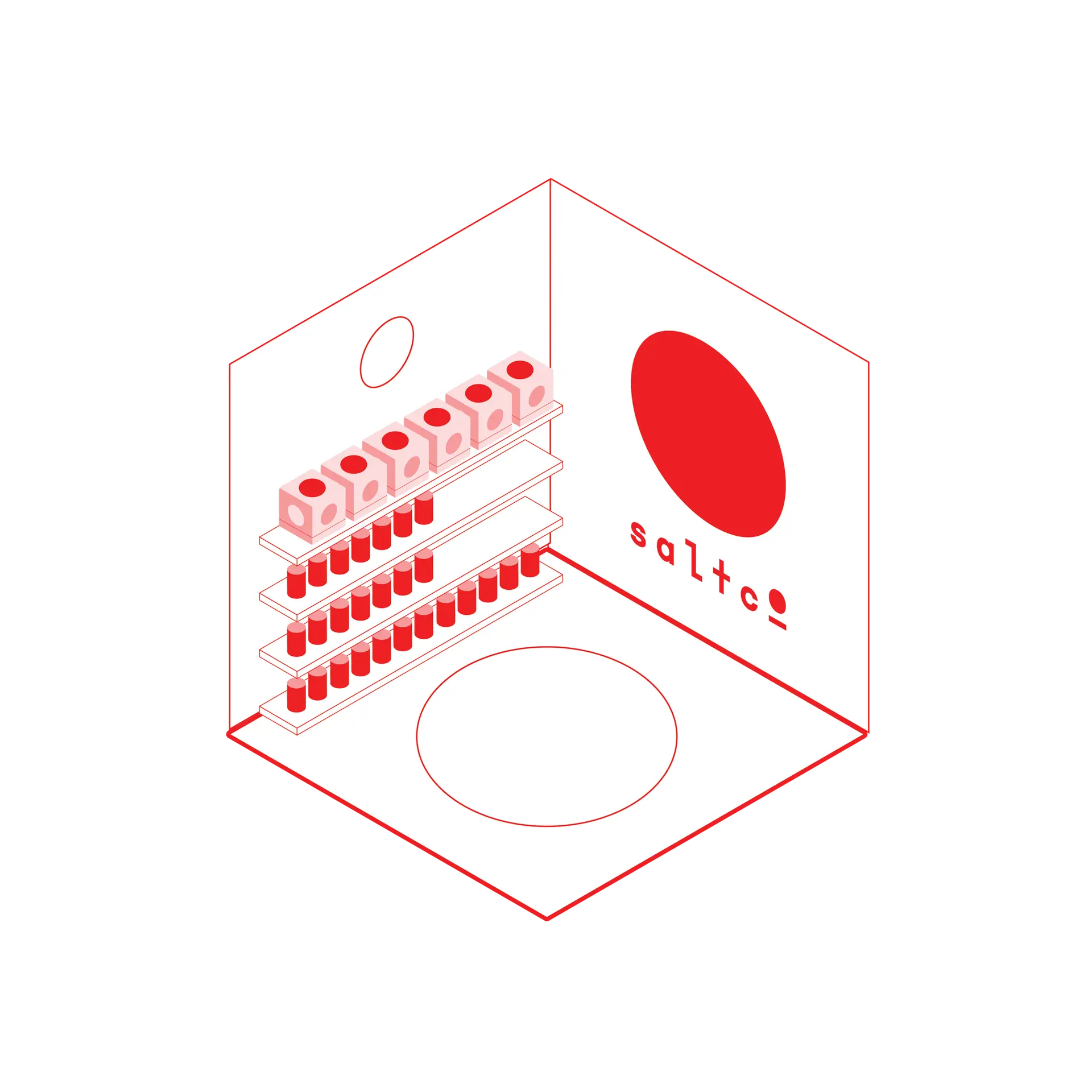 Isometric illustration of a branded retail space with shelves and products, representing Saltco’s spatial and retail design services in London.