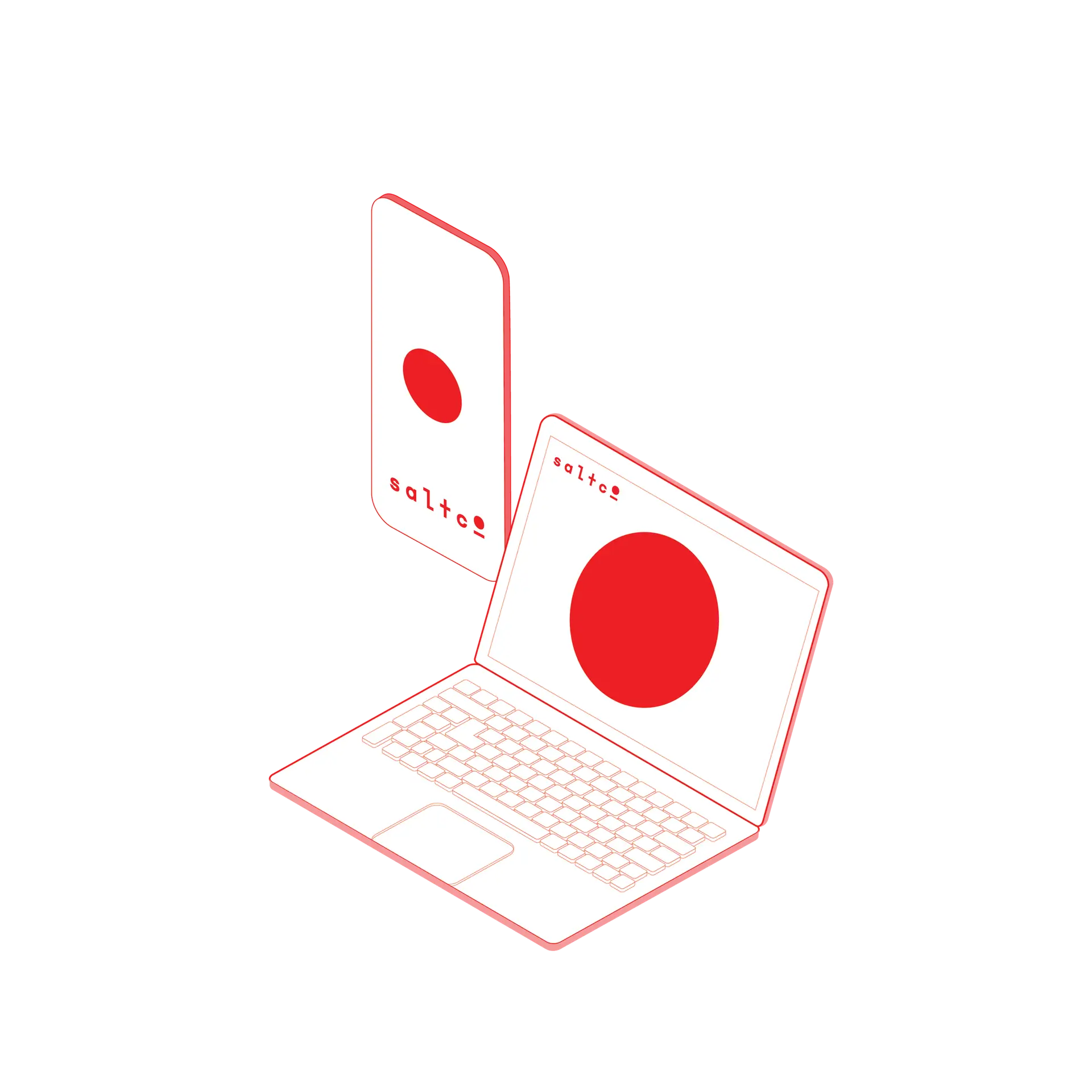 Isometric graphic of a laptop and phone showcasing Saltco’s digital design services including websites, SEO, and user-focused design in London.