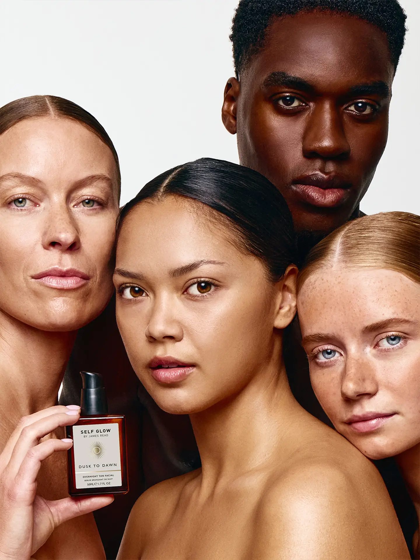 Campaign portrait directed by Saltco for Self Glow, featuring four models holding the ‘Dusk to Dawn’ overnight tan facial