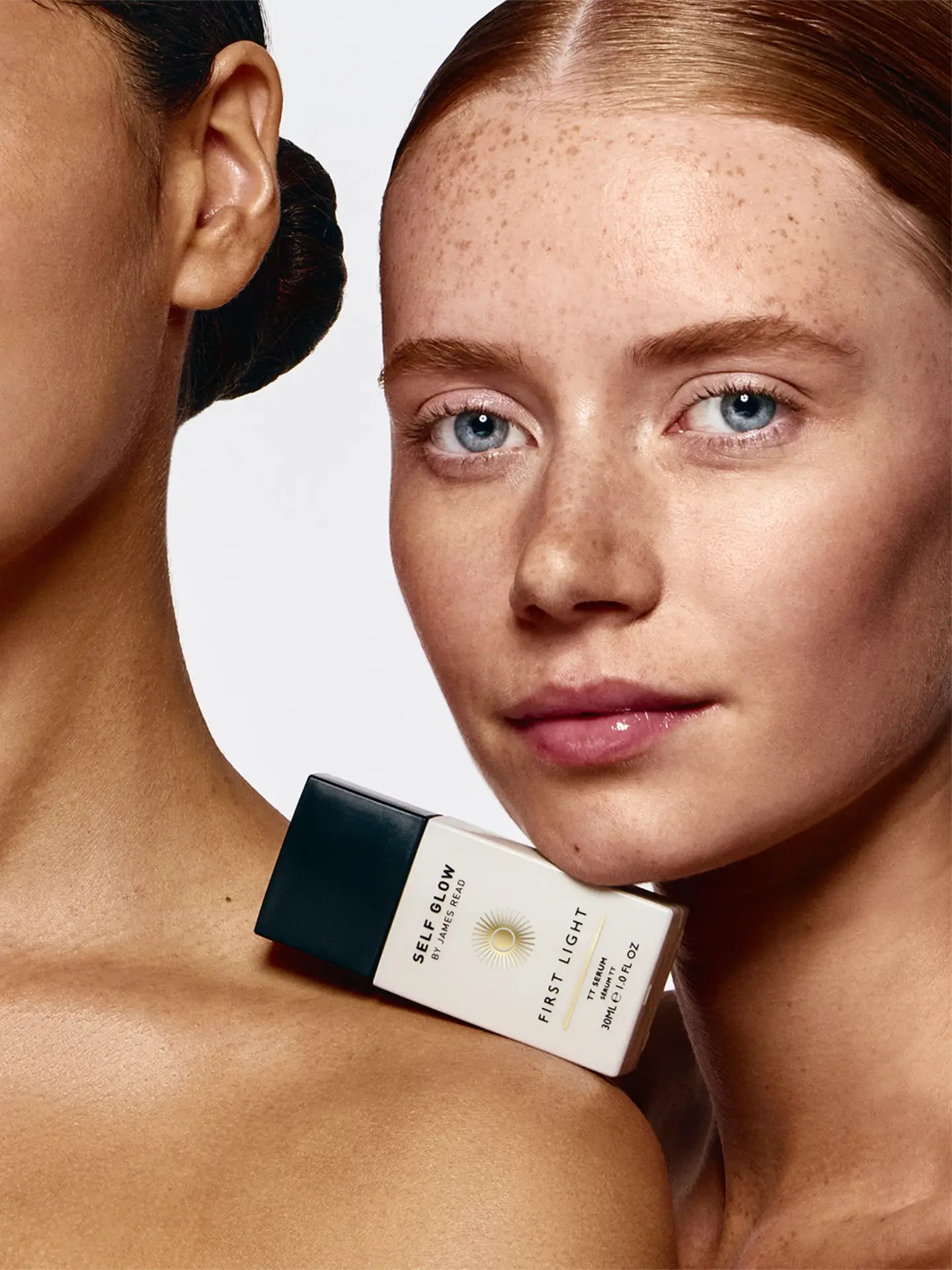 Campaign portrait by Saltco featuring Self Glow’s ‘First Light’ serum resting on model’s shoulder