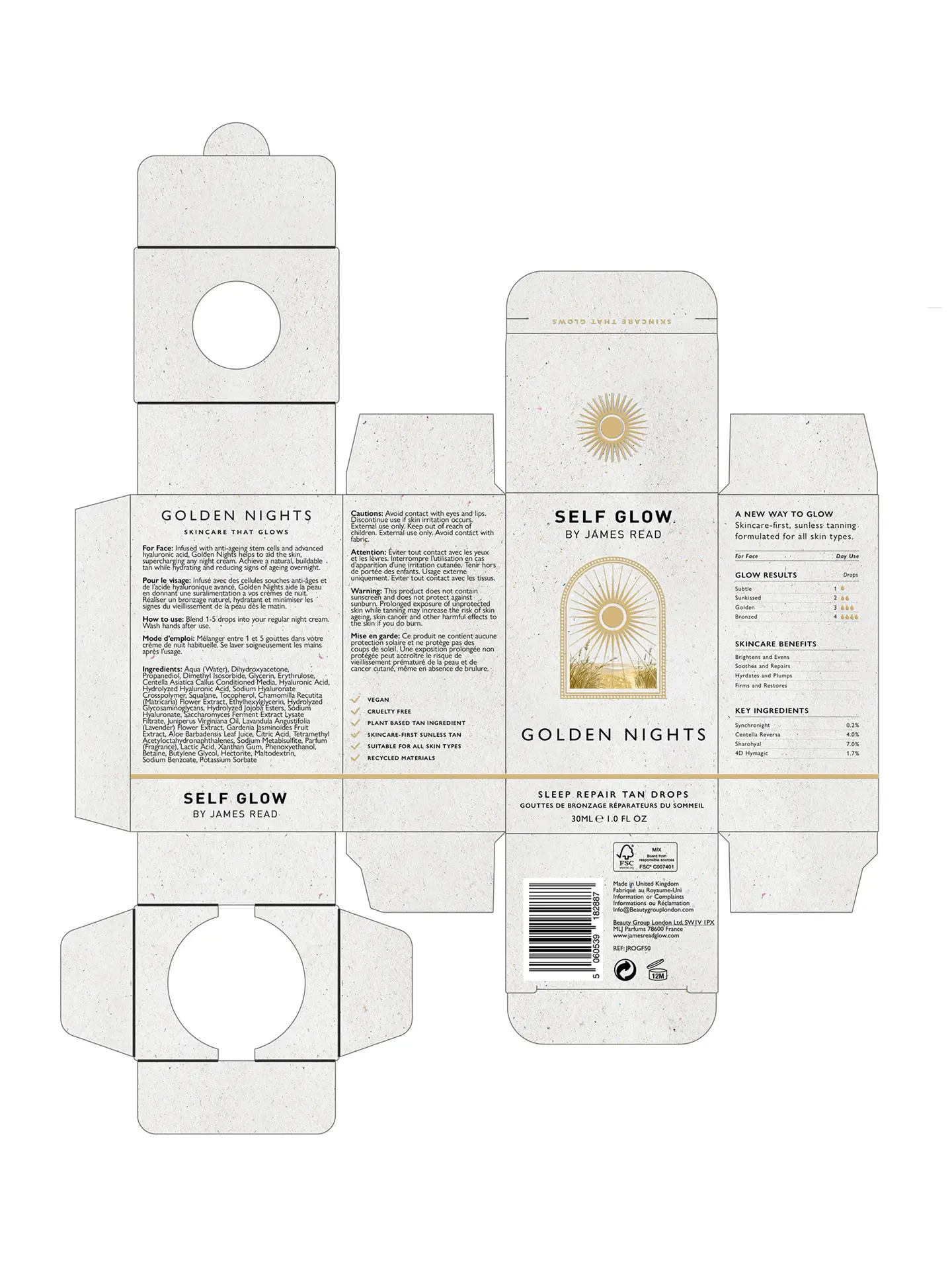 Full unfolded dieline design for Self Glow by James Read ‘Golden Nights’ tan drops, created by Saltco