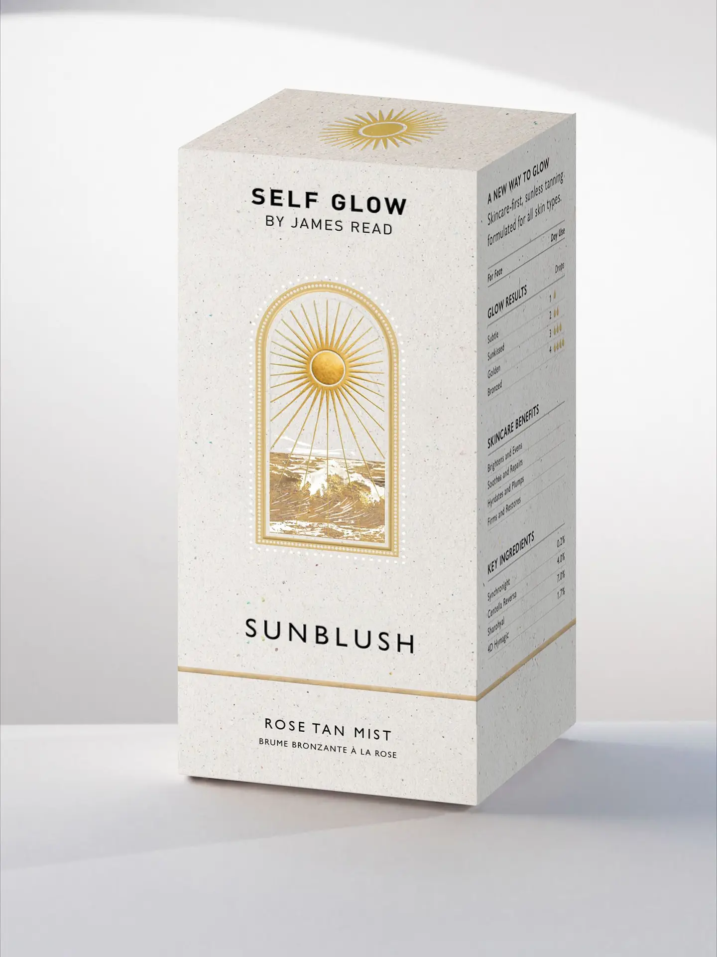 Rendered carton packaging for Self Glow by James Read ‘Sunblush’ rose tan mist, designed by Saltco